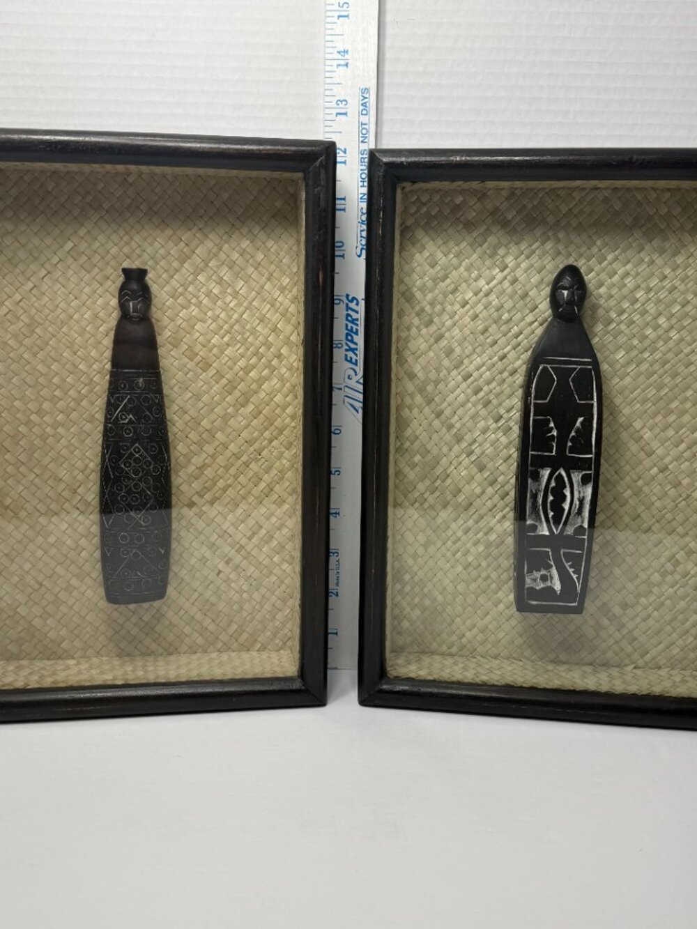 Hand Carved Vintage African Art Statue Pair in Shadow Boxes Display Wall Mount